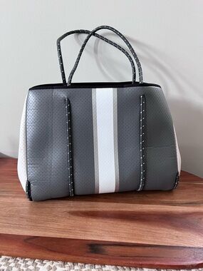 Haute Shore Greyson Grey White Striped Neoprene Tote Bag